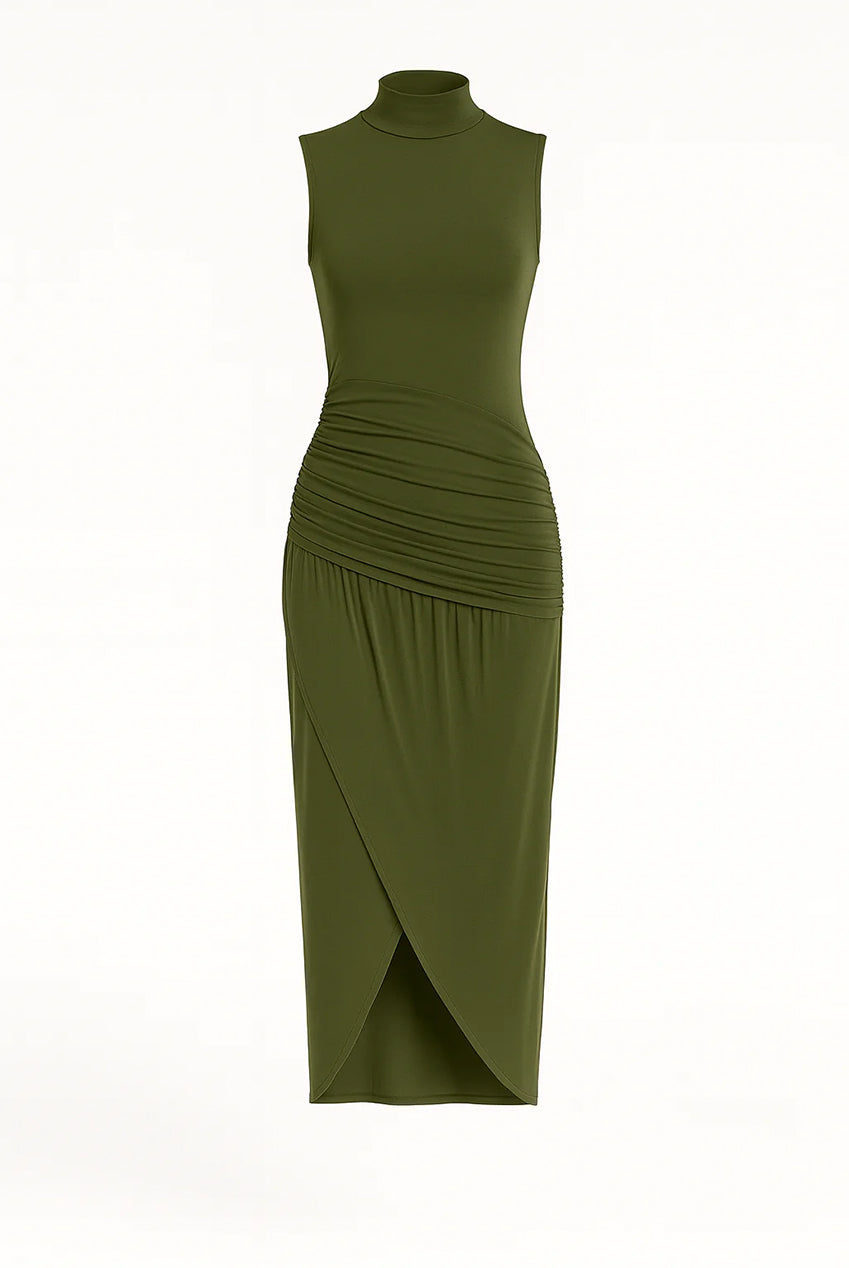 Khaki Ruched Slim Fit Jersey Sleeveless Midi Dress AV-IMD2458