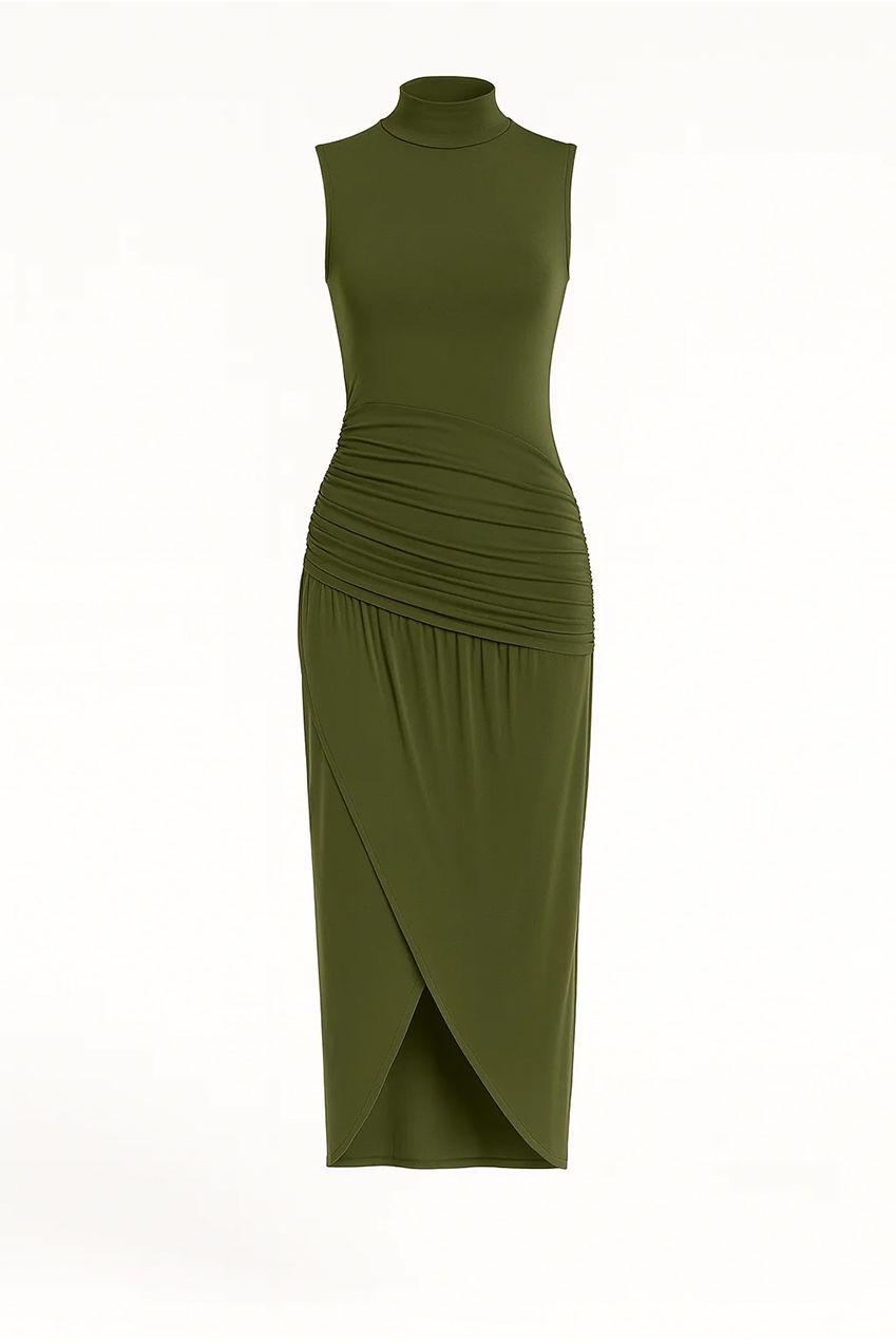 Khaki Ruched Slim Fit Jersey Sleeveless Midi Dress AV-IMD2458