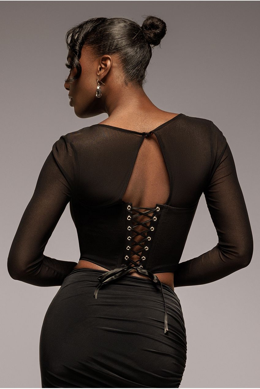 Scuba Crepe And Mesh Lace Up Corset Top - Black T264