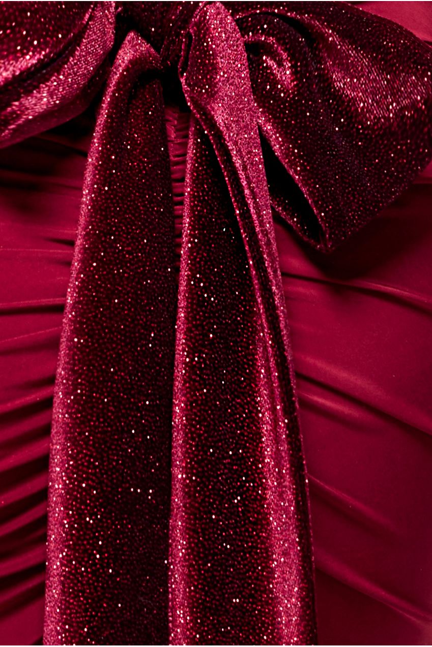 Open Back Cowl Neck Gathered Maxi Dress With Velvet Tie Back - Wine DR4856