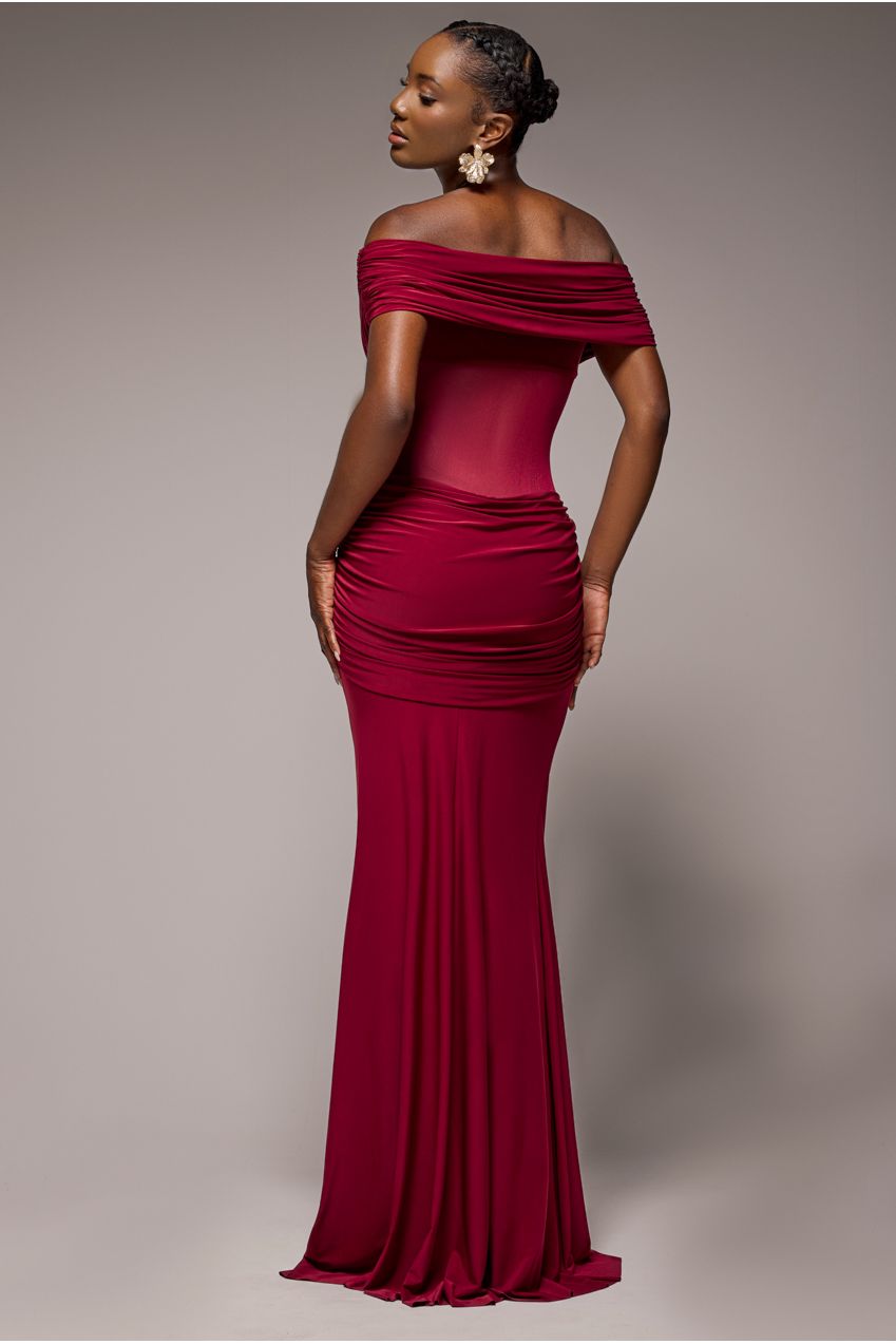 Gathered Off The Shoulder Mesh Waist Panel Maxi Dress - Wine DR4857