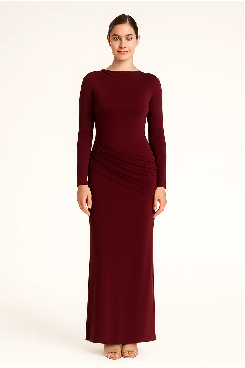 Wine Side Ruching Bodycon Full-Sleeve Jersey Evening Gown AV-IMD2453