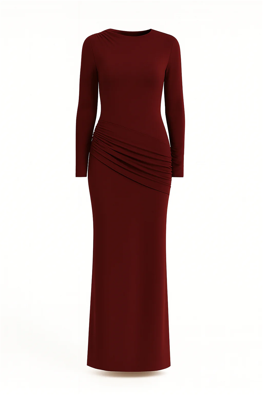 Wine Side Ruching Bodycon Full-Sleeve Jersey Evening Gown AV-IMD2453