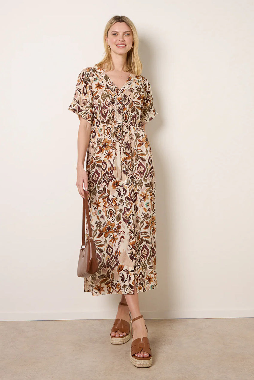 Printed Drawstring Waist Midi Dress SS26013B057