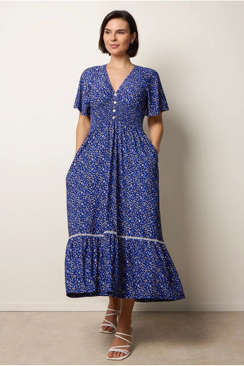 Ditsy Floral Button Front Raglan Trim Dress by Blue Vanilla