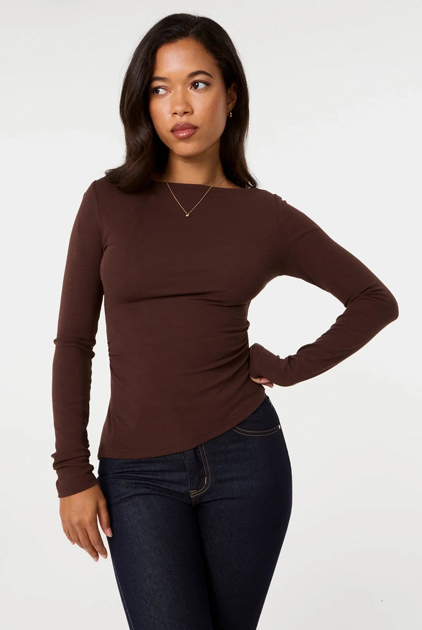 Asymmetric Boat Neck Long Sleeve Top SS26136P030