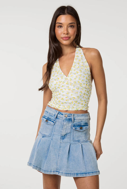 Lemon Printed Lace Halter Neck Top by Pink Vanilla