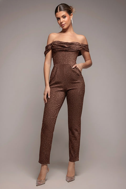 Lurex Cowl Neck Jumpsuit - Bronze by Goddiva