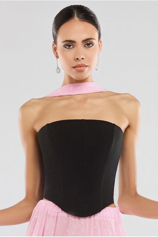 Compact Crepe Lace Up Corset With Gathered A-Line Glitter Chiffon Maxi Skirt & Scarf - Black, Pink & Pink LOOK02