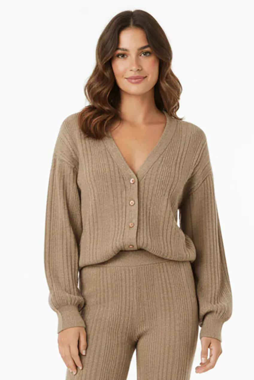 Beige V-Neck Cardigan Matching Wide-Leg Trousers Co-Ord Set AV-NCB4490