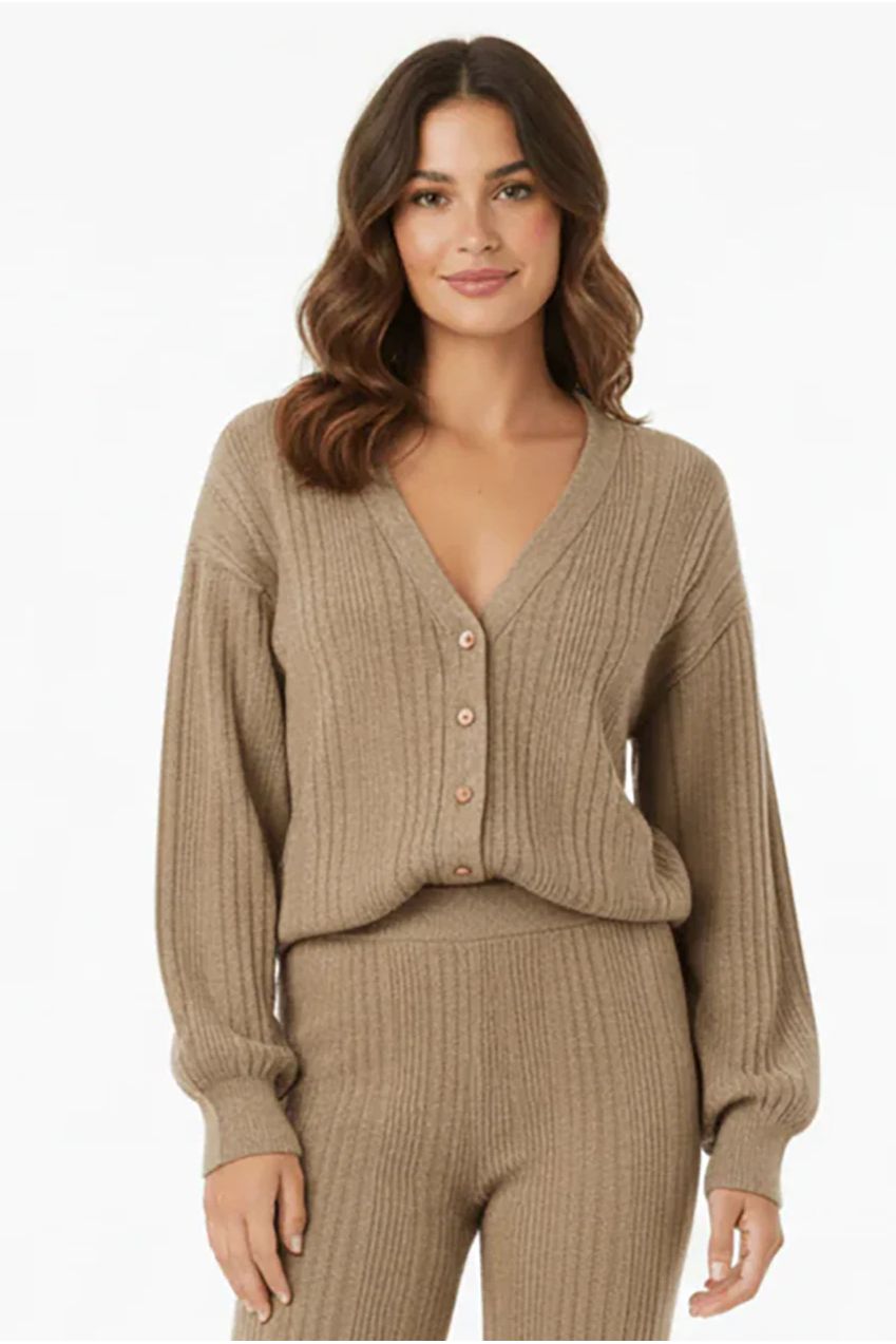 Beige V-Neck Cardigan Matching Wide-Leg Trousers Co-Ord Set AV-NCB4490