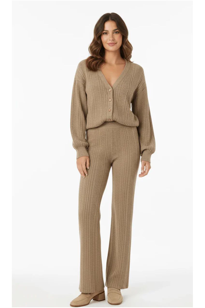 Beige V-Neck Cardigan Matching Wide-Leg Trousers Co-Ord Set AV-NCB4490