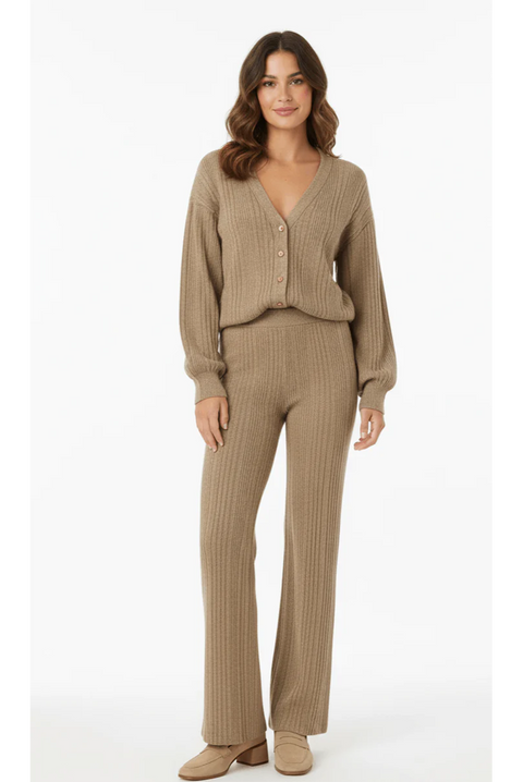 Beige V-Neck Cardigan Matching Wide-Leg Trousers Co-Ord Set by Avinci