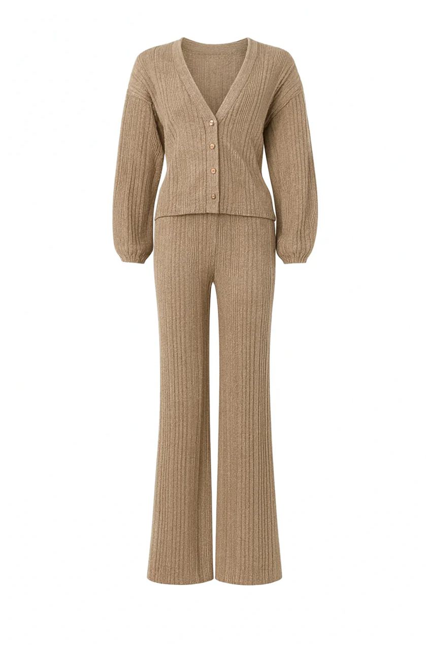 Beige V-Neck Cardigan Matching Wide-Leg Trousers Co-Ord Set AV-NCB4490