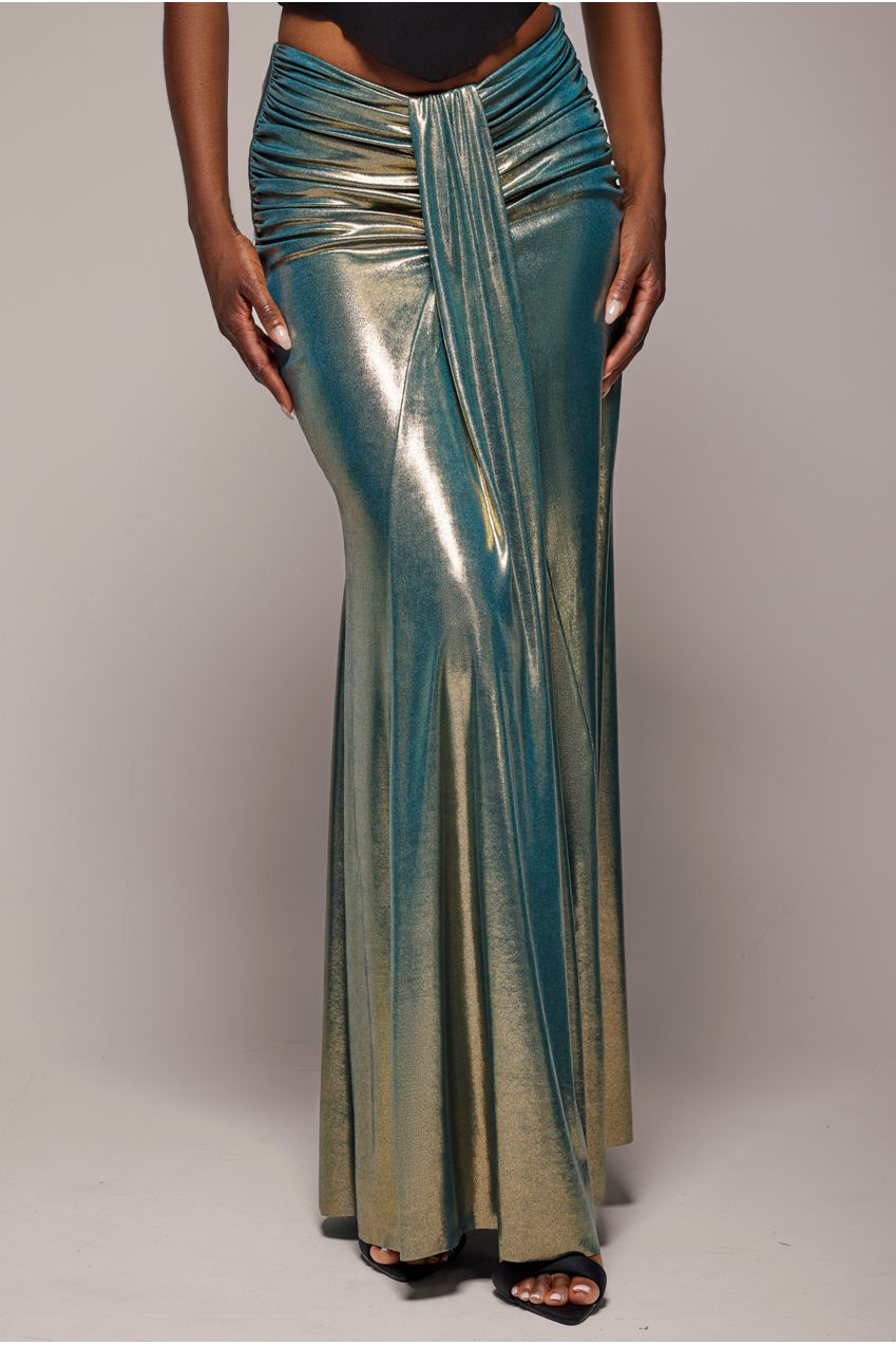 Gathered Front Dipped Waist Foil Maxi Skirt - Gold SK64
