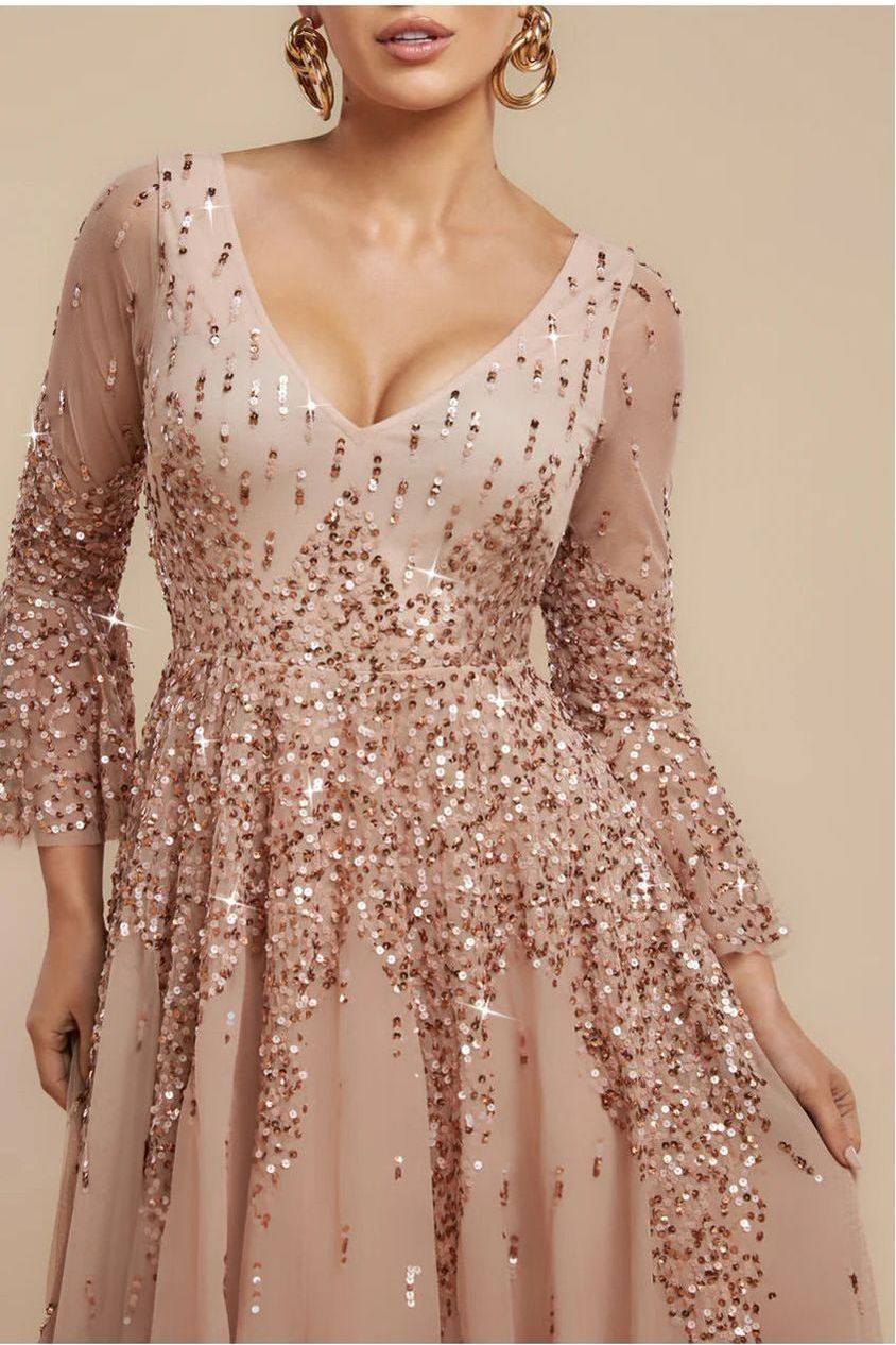 Sunray Hand Embellished Sequin A-Line Bell Sleeve Maxi Dress - Champagne DR4654