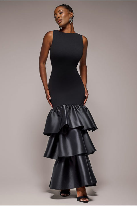 Boat Neck Satin & Scuba Crepe Tiered Maxi Dress - Black by Goddiva