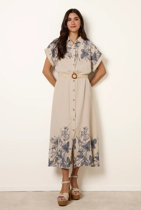 Printed Linen Belted Dress by Blue Vanilla