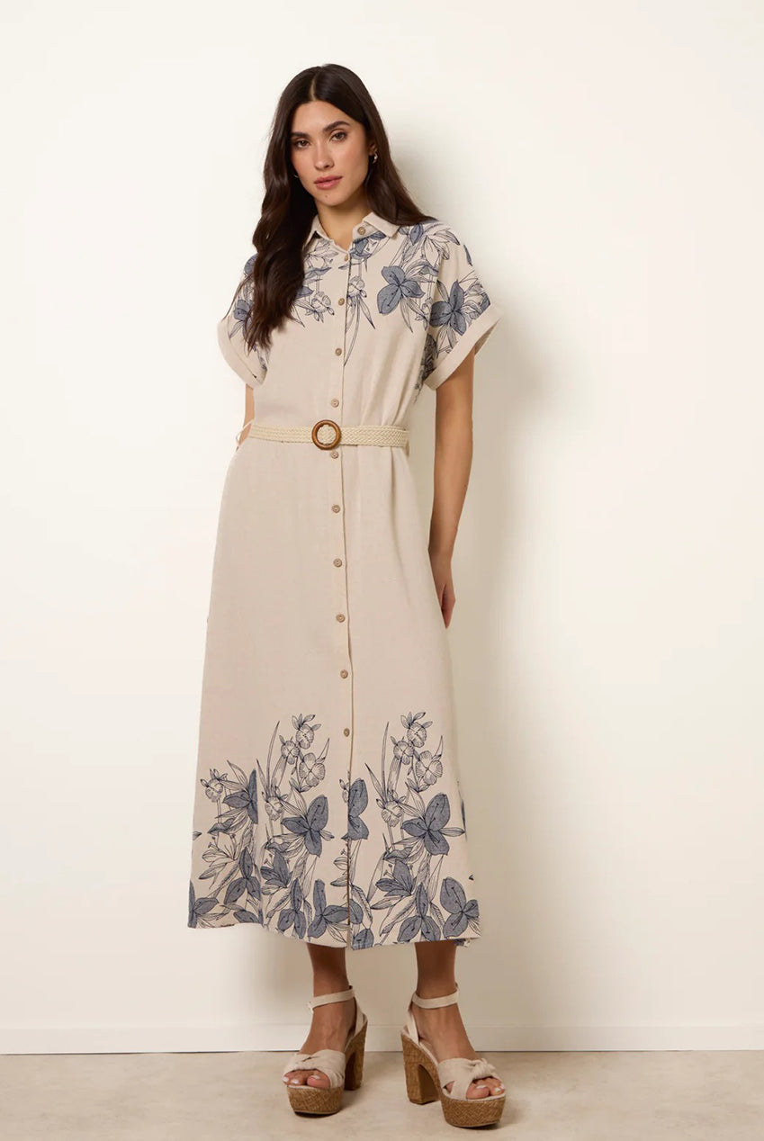 Printed Linen Belted Dress WF5704BV241