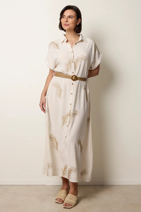Linen Belted Dress With Feather Embroidery by Blue Vanilla