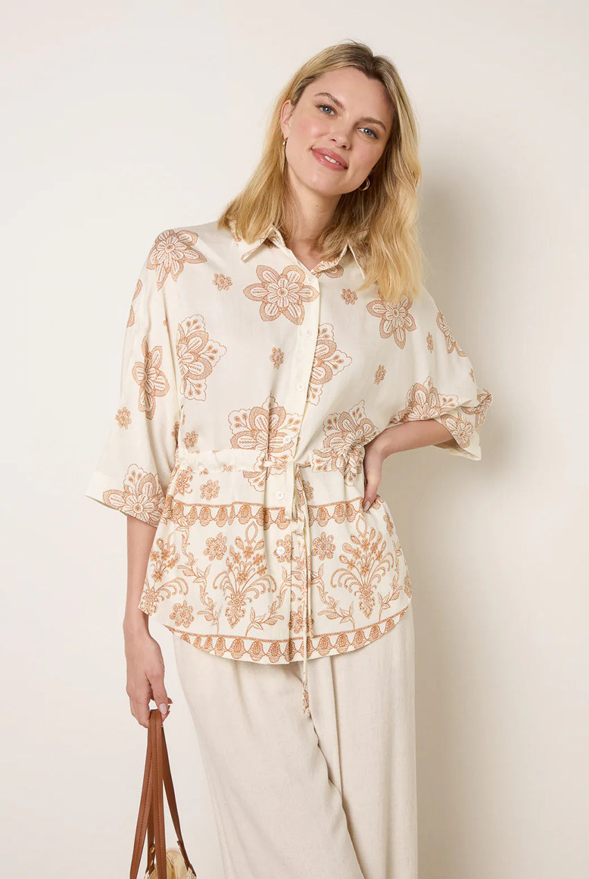 Floral 3/4 Sleeve Tie Waist Shirt WF5760BV357