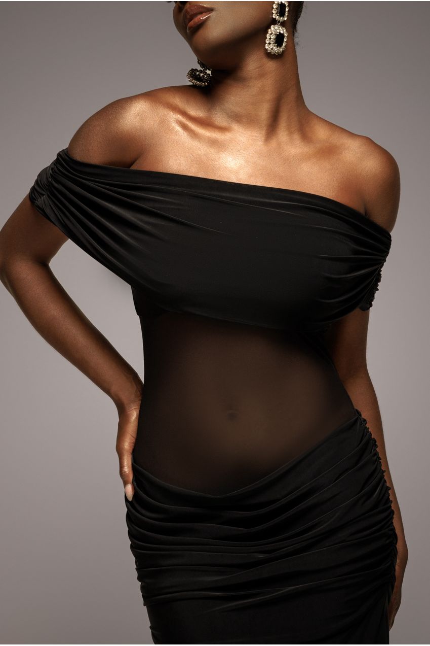 Gathered Off The Shoulder Mesh Waist Panel Maxi Dress - Black DR4857