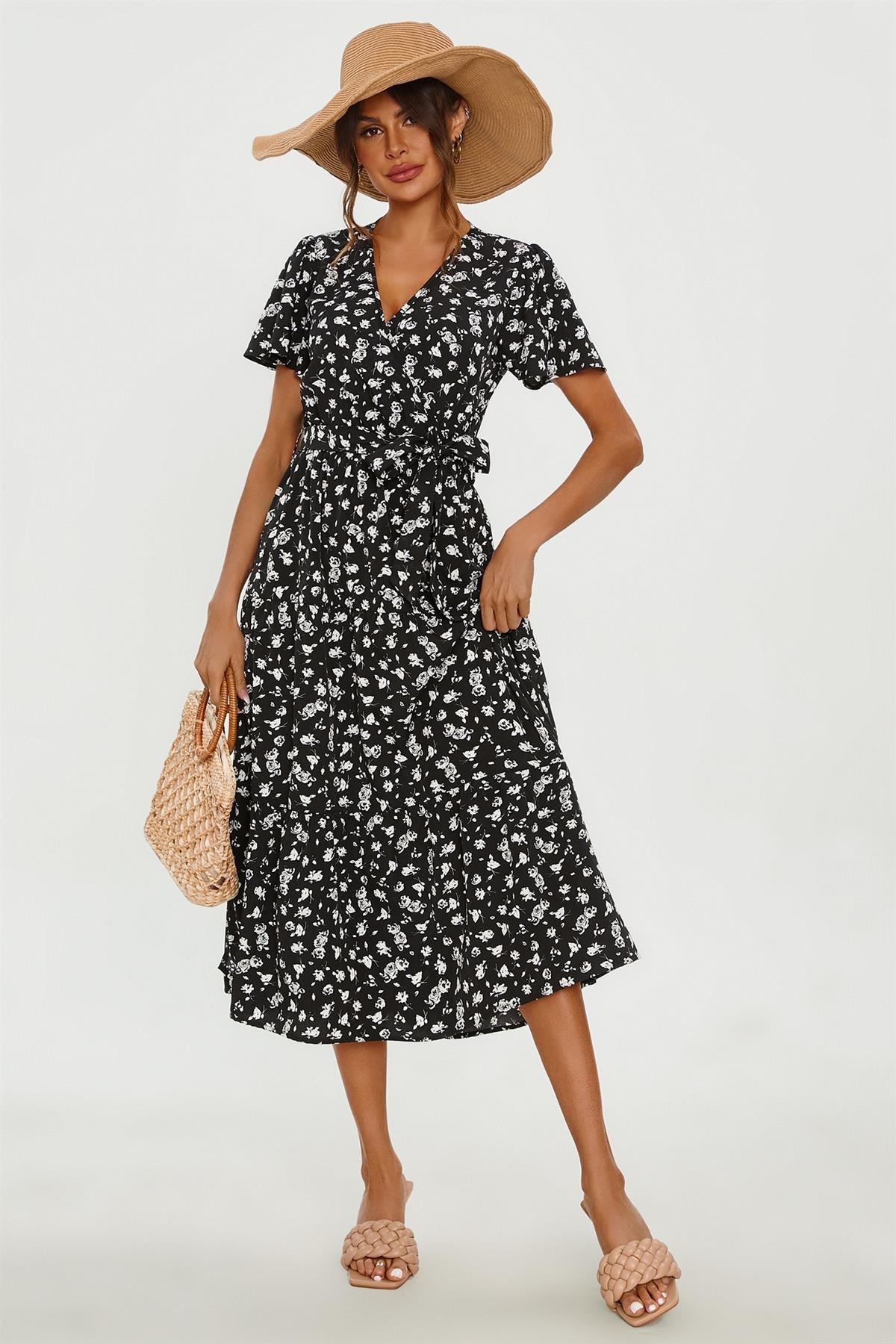 White Floral Print Hem Tiered Wrap Midi Dress In Black FS231-BlackF