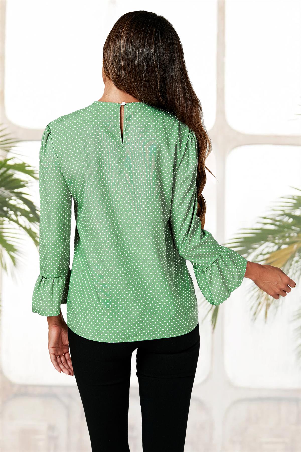 Polka Dot Print Frill Detail Cuff Top In Green FS116-GD