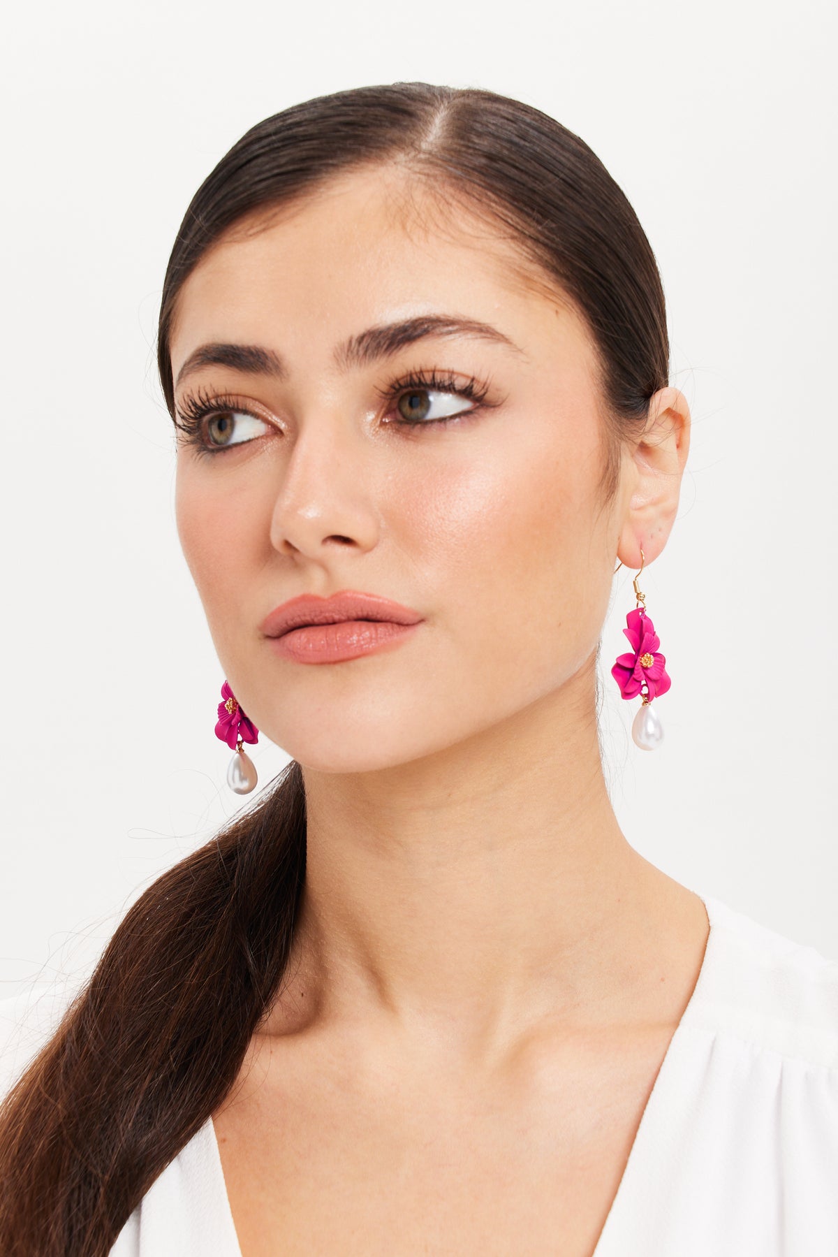 Pink Flower Drop Earrings With Pearl Detail SS24EAR5