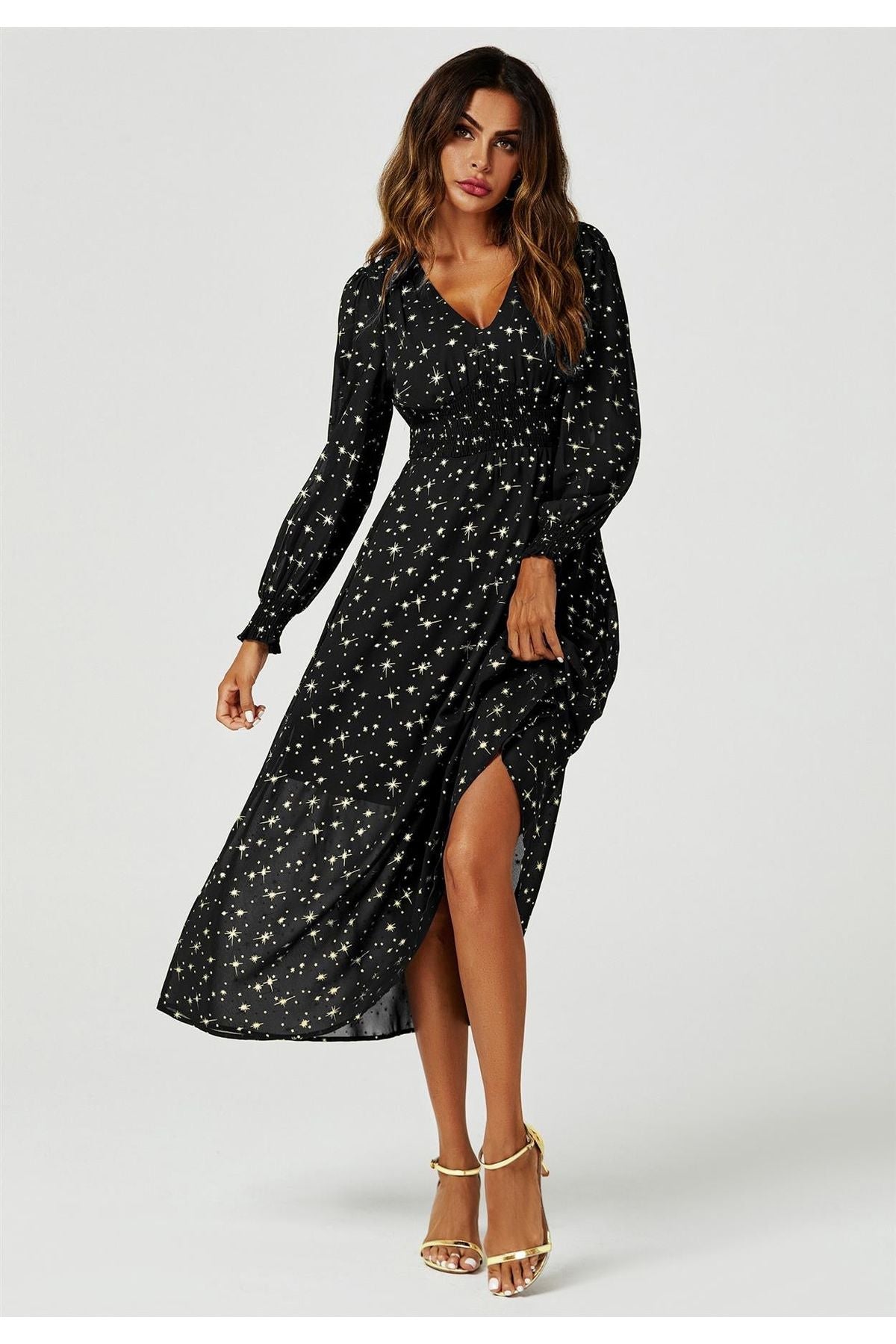 Gold Star Foil Long Sleeve Maxi Dress In Black FS629-BlackStar