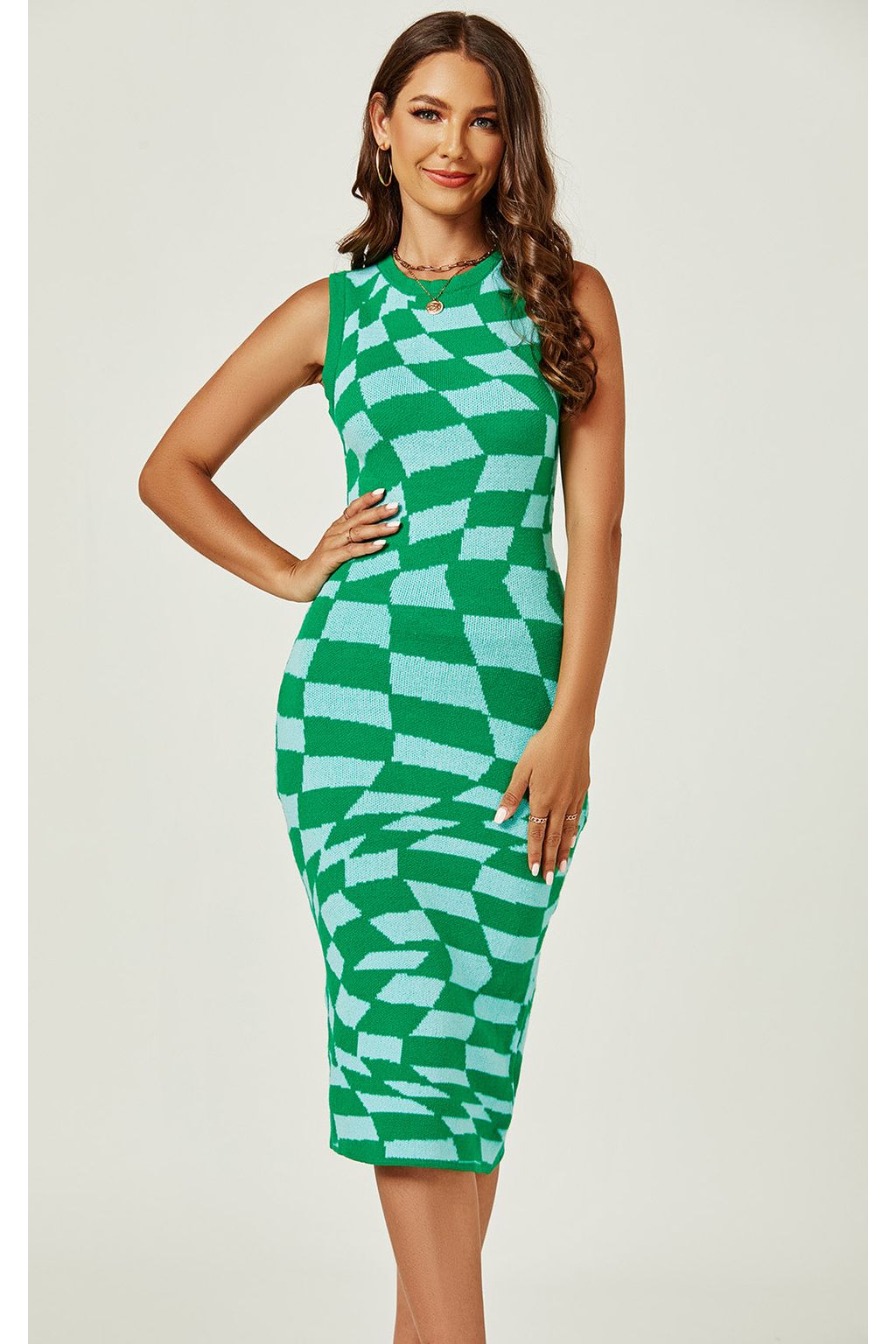 Chic Geometric Intarsia Knit Dress In Green Block Colour FS431