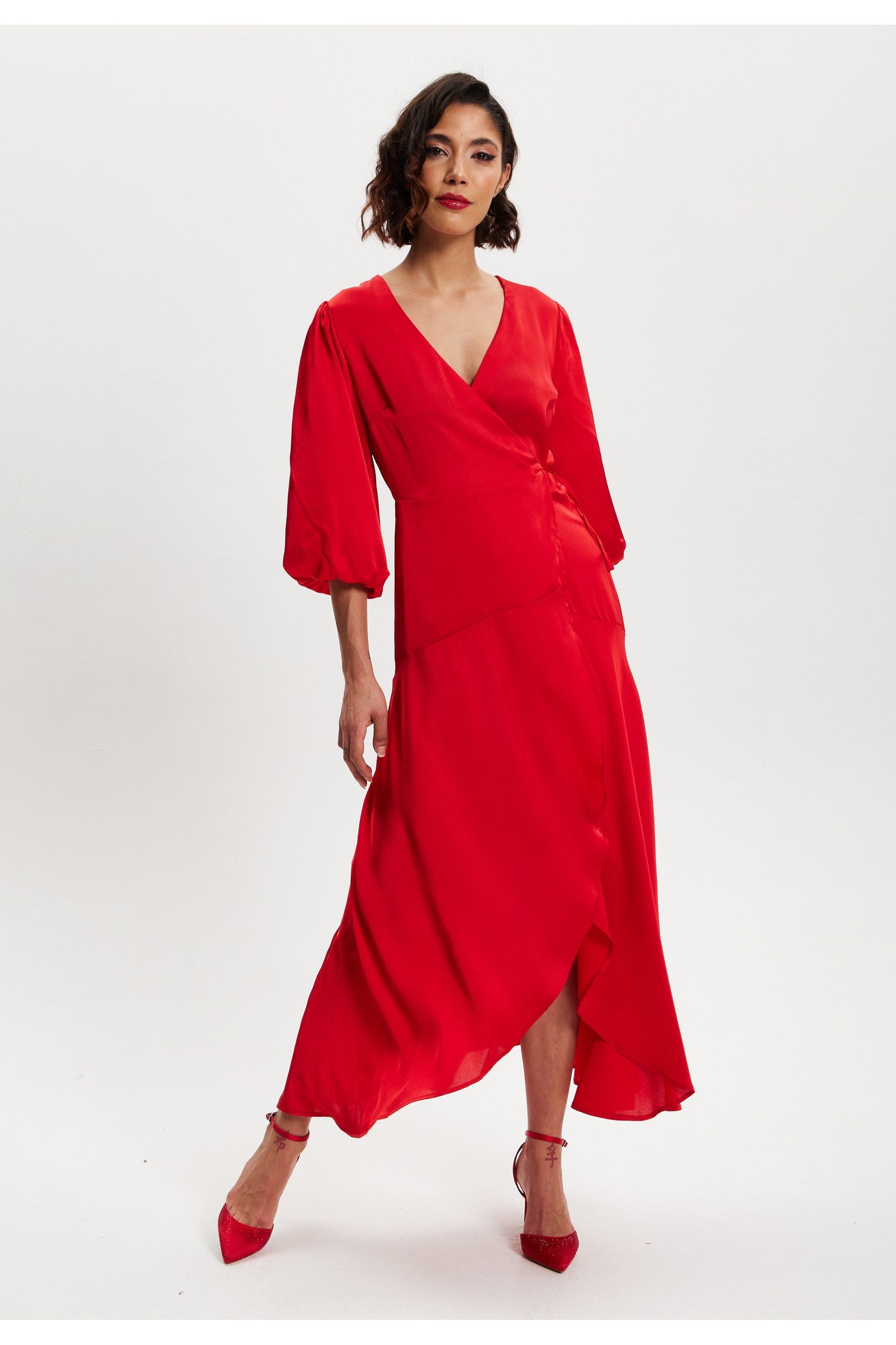 Red Midi Wrap Dress With Short Puff Sleeves LIQ20-128Red