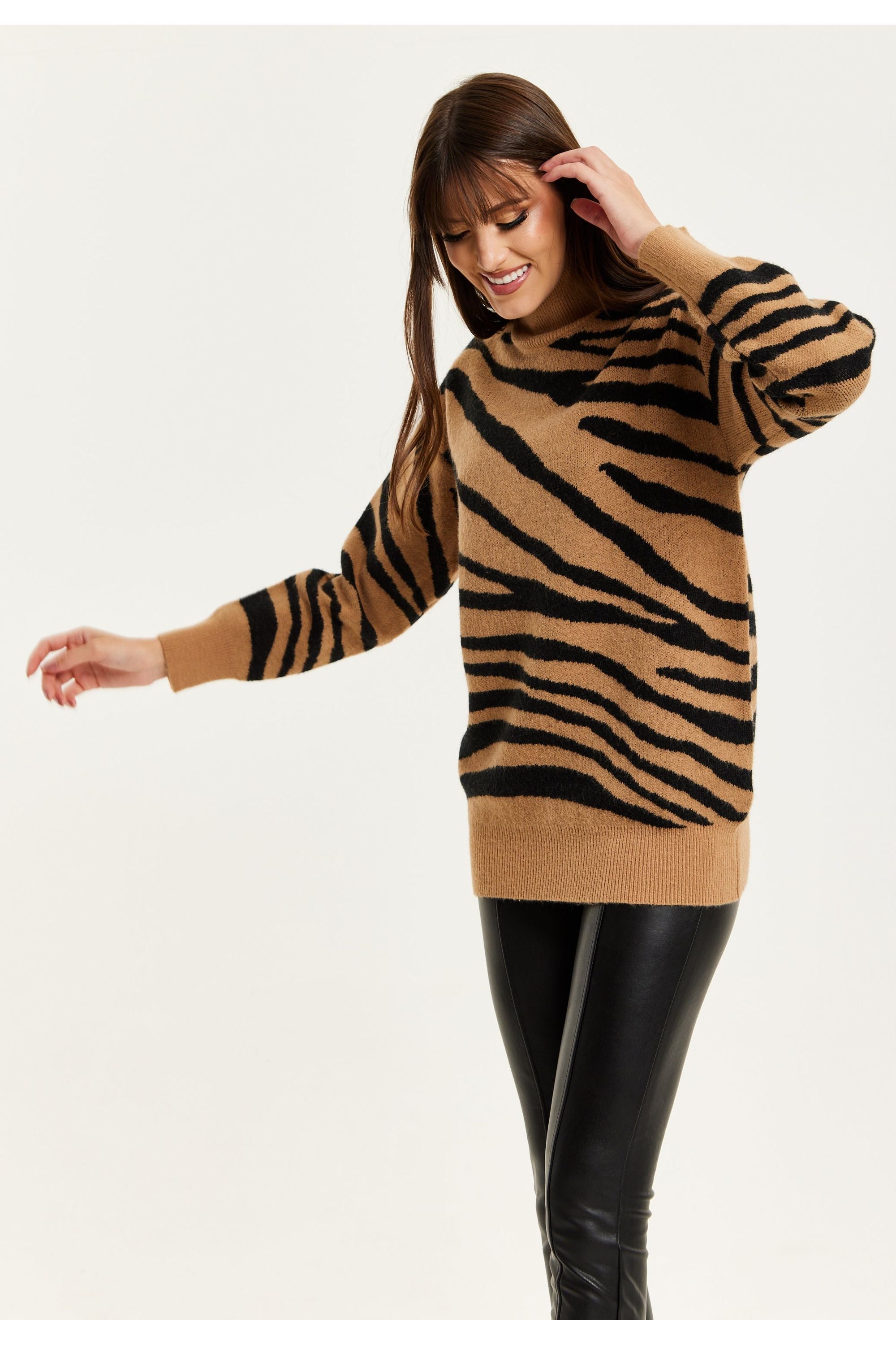 Zebra Pattern High Neck Jumper In Brown And Black B12-LIQ23AW008BB