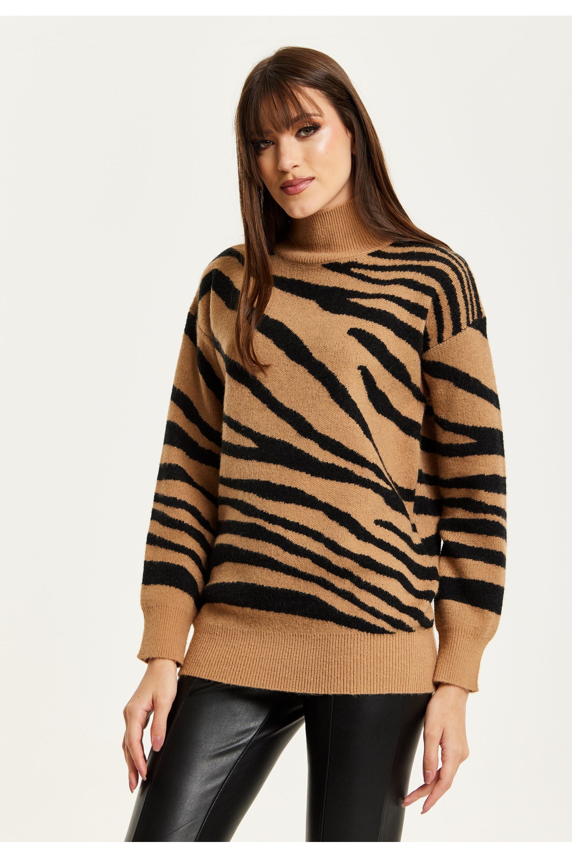 Zebra Pattern High Neck Jumper In Brown And Black B12-LIQ23AW008BB