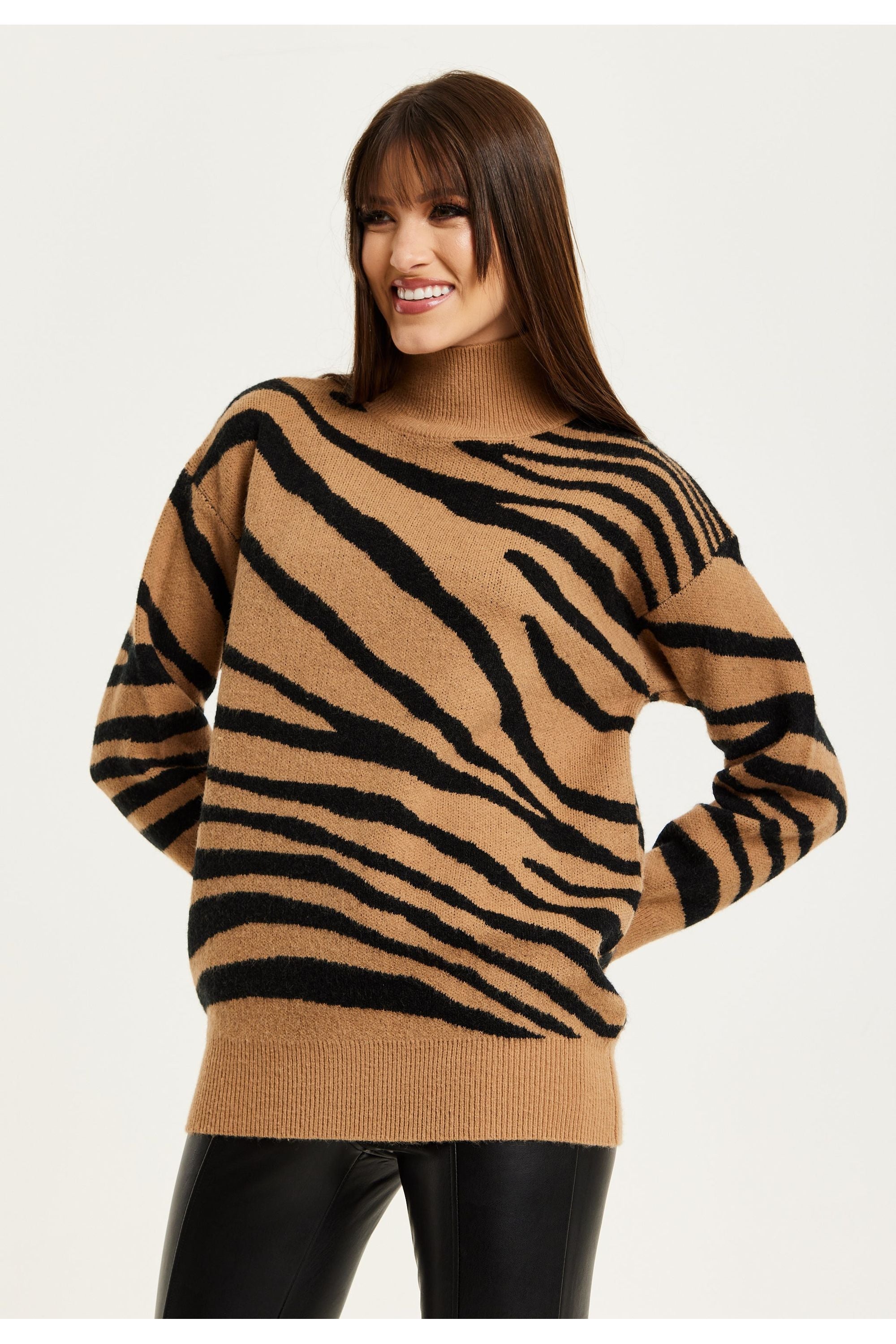Zebra Pattern High Neck Jumper In Brown And Black B12-LIQ23AW008BB