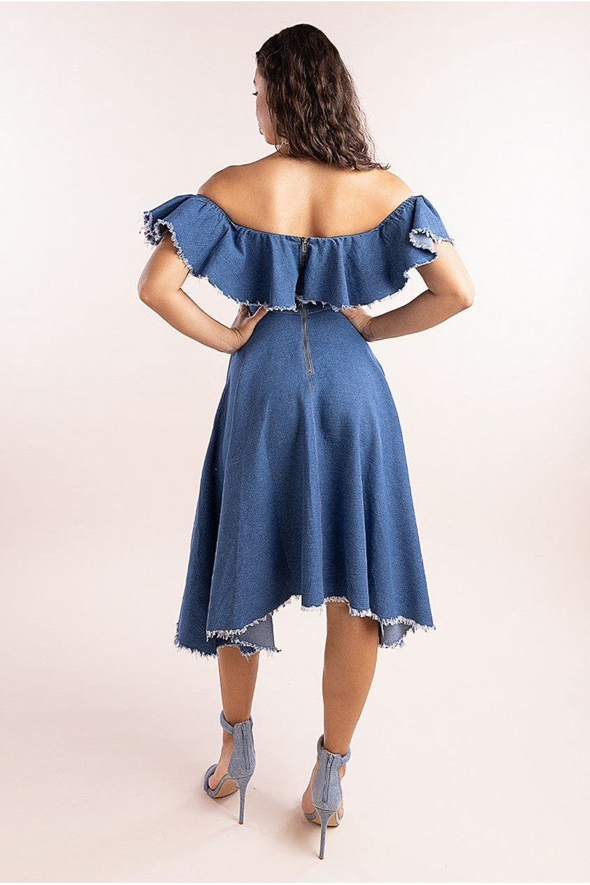 Denim Frilled Bardot High Low Dress - Blue Denim DR4165