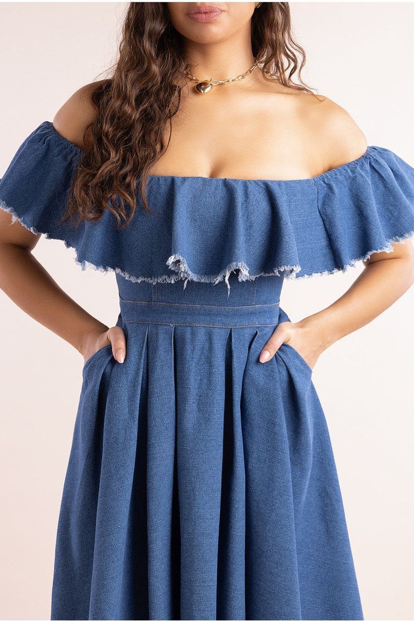 Denim Frilled Bardot High Low Dress - Blue Denim DR4165