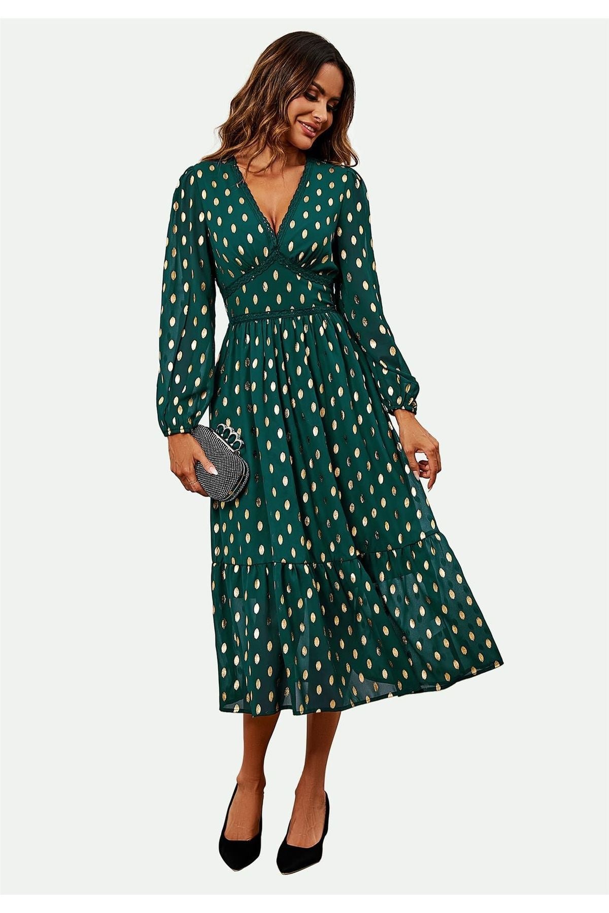 Lace Trim Foil Long Sleeve Maxi Dress In Green FS565-GG