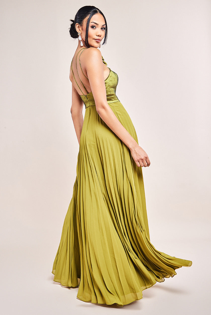 Pleated Chiffon Corsage Halter Strappy Maxi Dress - Olive Green DR4242