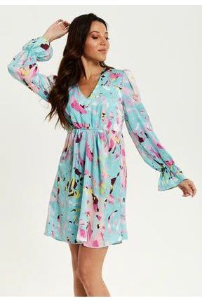 Blue Abstract Print Mini Dress With Open Back And Long Sleeves by Liquorish