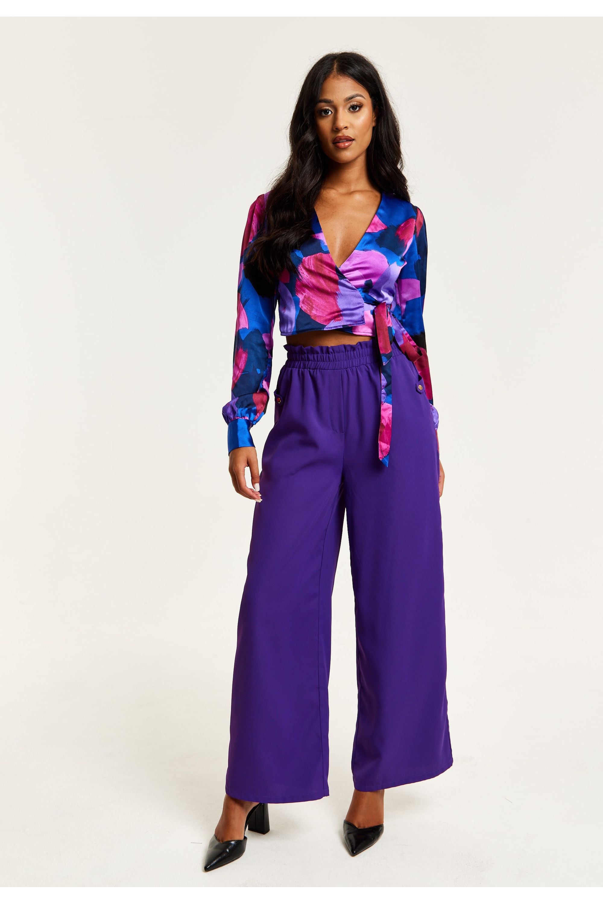 Purple Wide Leg Trousers With Elasticated Waist B26-LIQ23AW064P