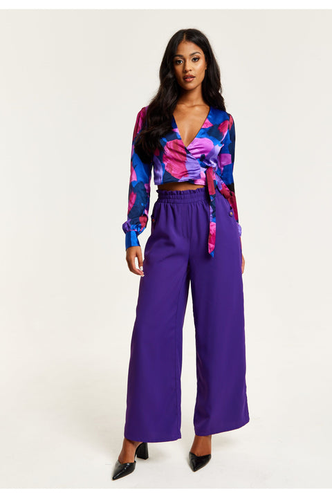 Purple Wide Leg Trousers With Elasticated Waist by Liquorish