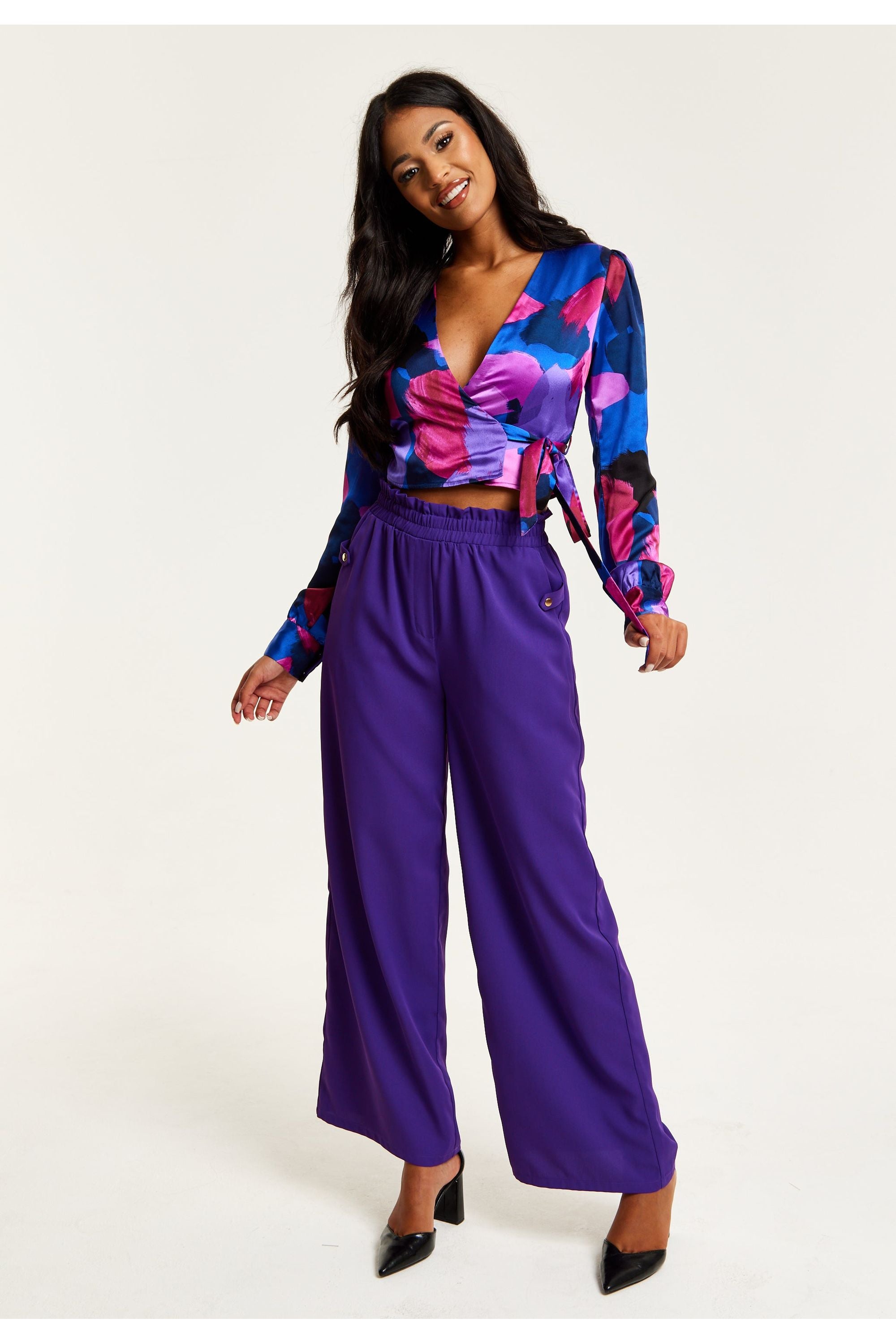 Purple Wide Leg Trousers With Elasticated Waist B26-LIQ23AW064P