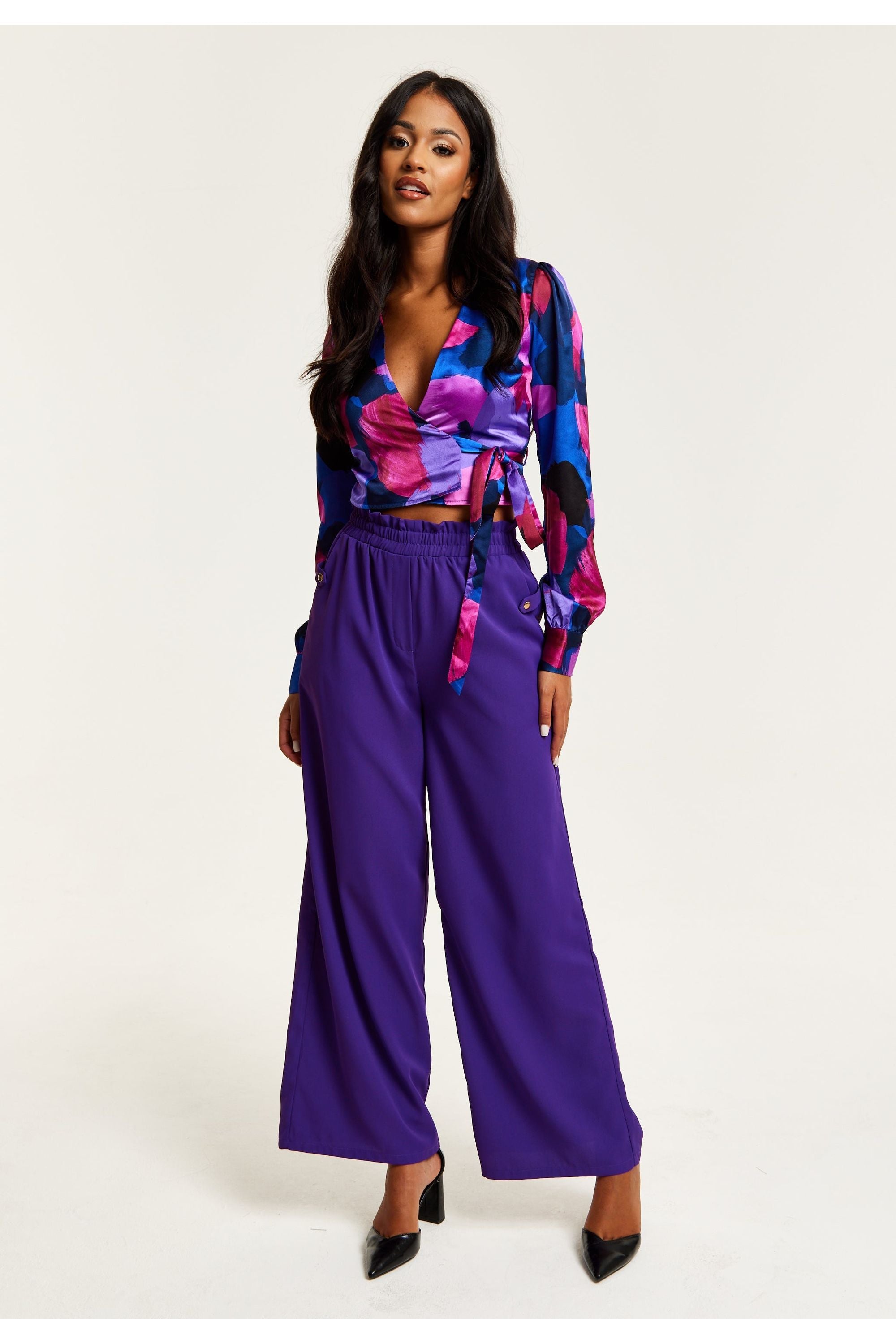 Purple Wide Leg Trousers With Elasticated Waist B26-LIQ23AW064P