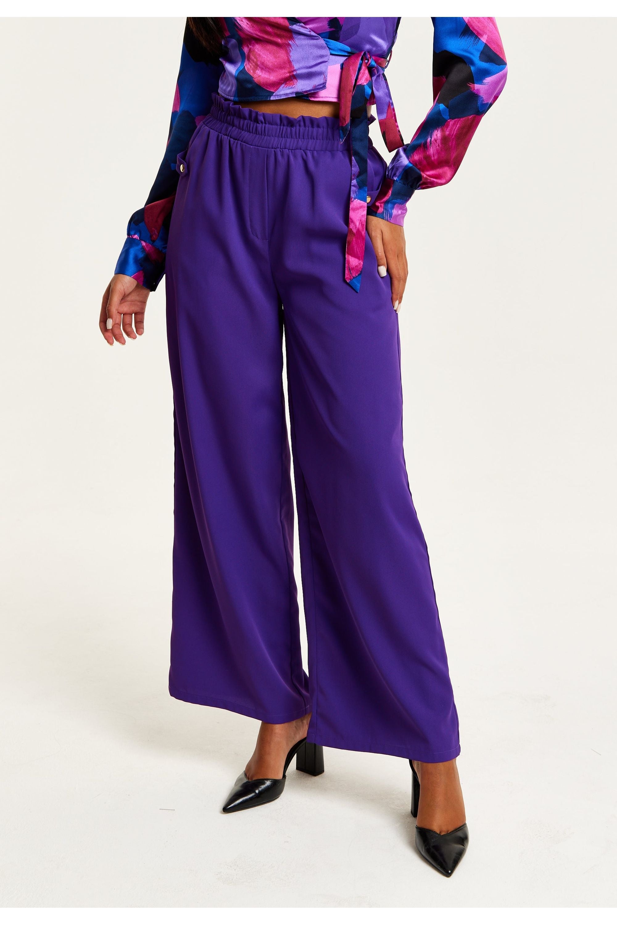 Purple Wide Leg Trousers With Elasticated Waist B26-LIQ23AW064P