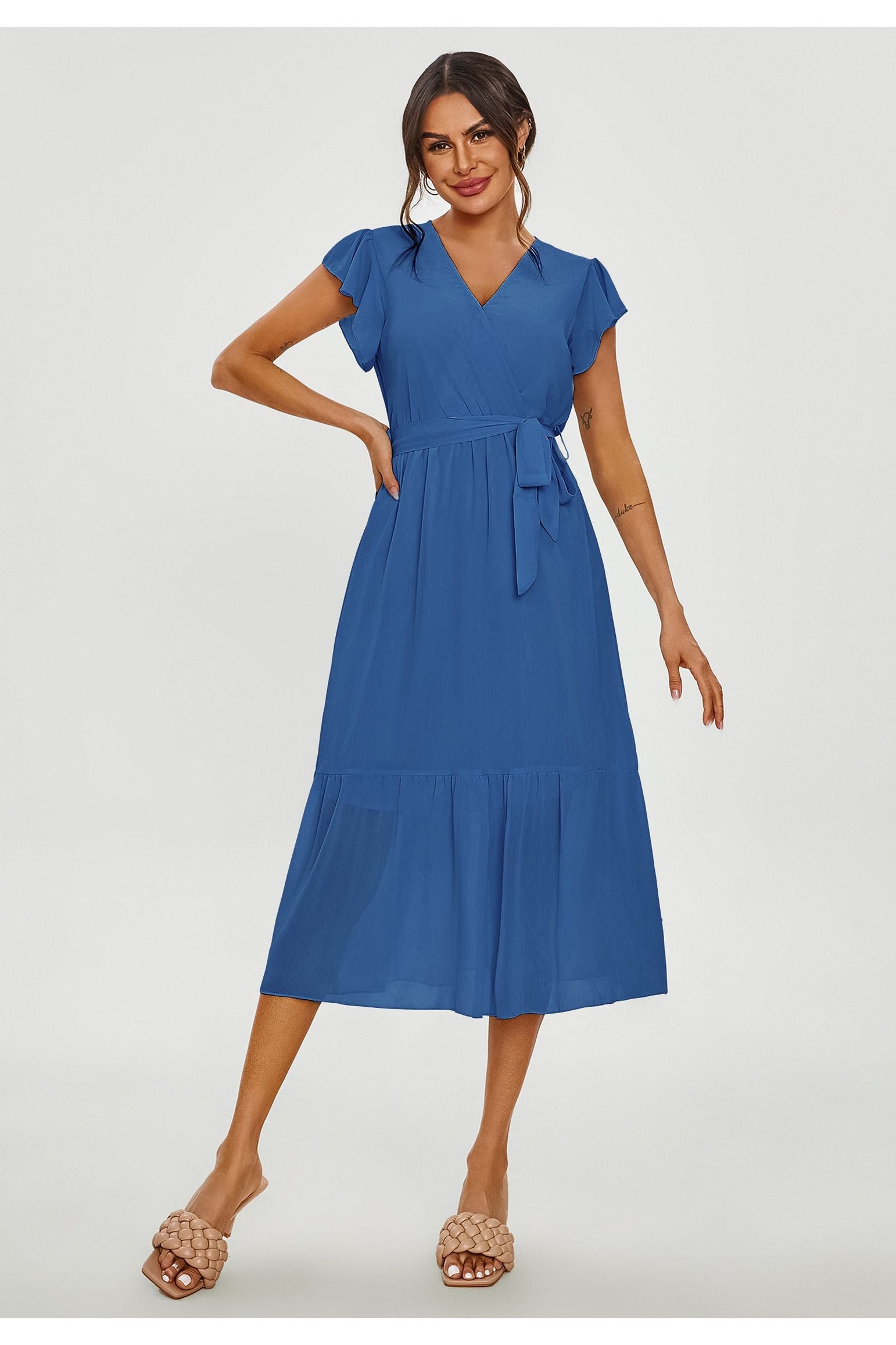 Frill Hem Short Sleeve Midi Dress In Blue FS644