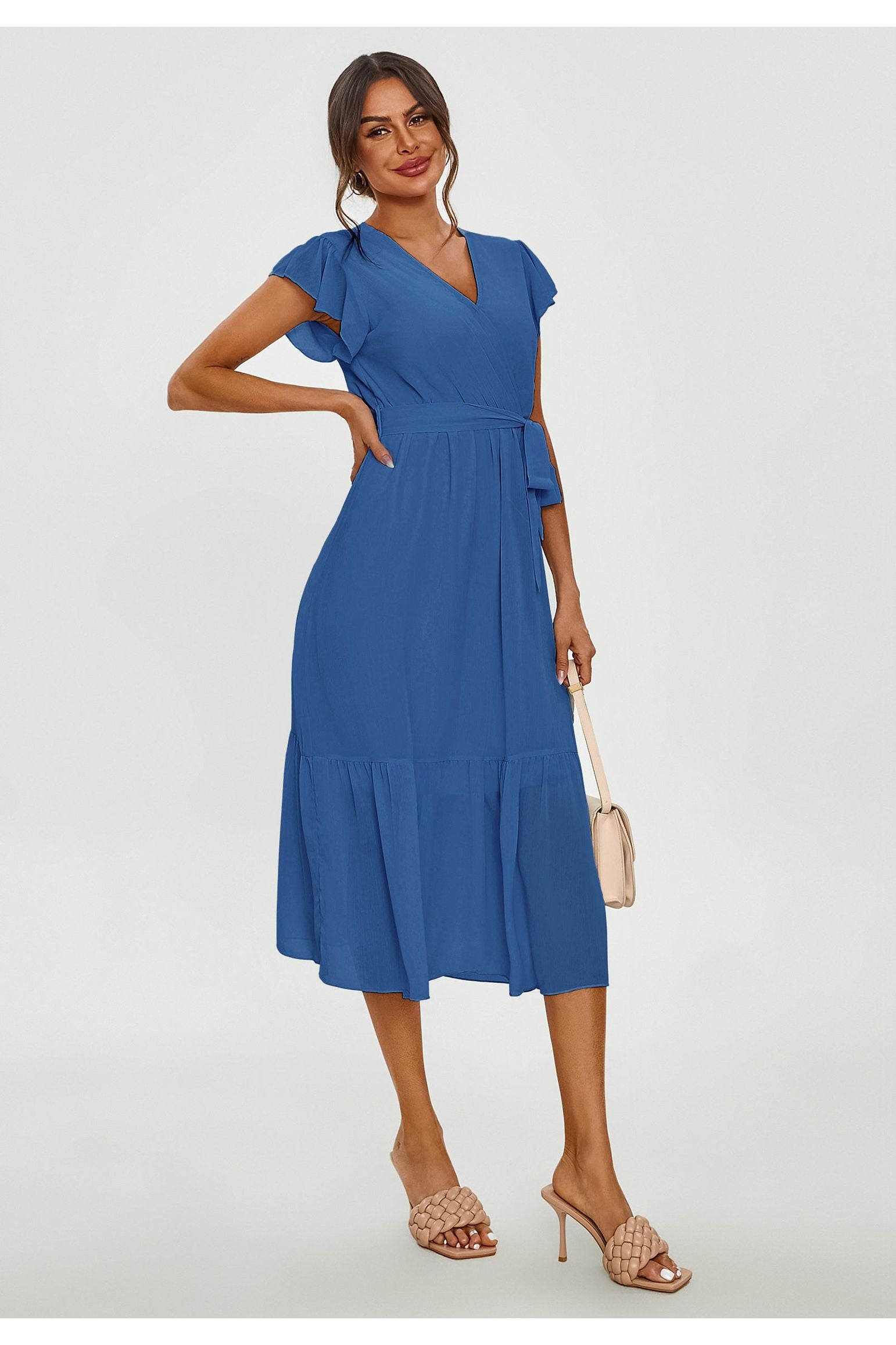 Frill Hem Short Sleeve Midi Dress In Blue FS644