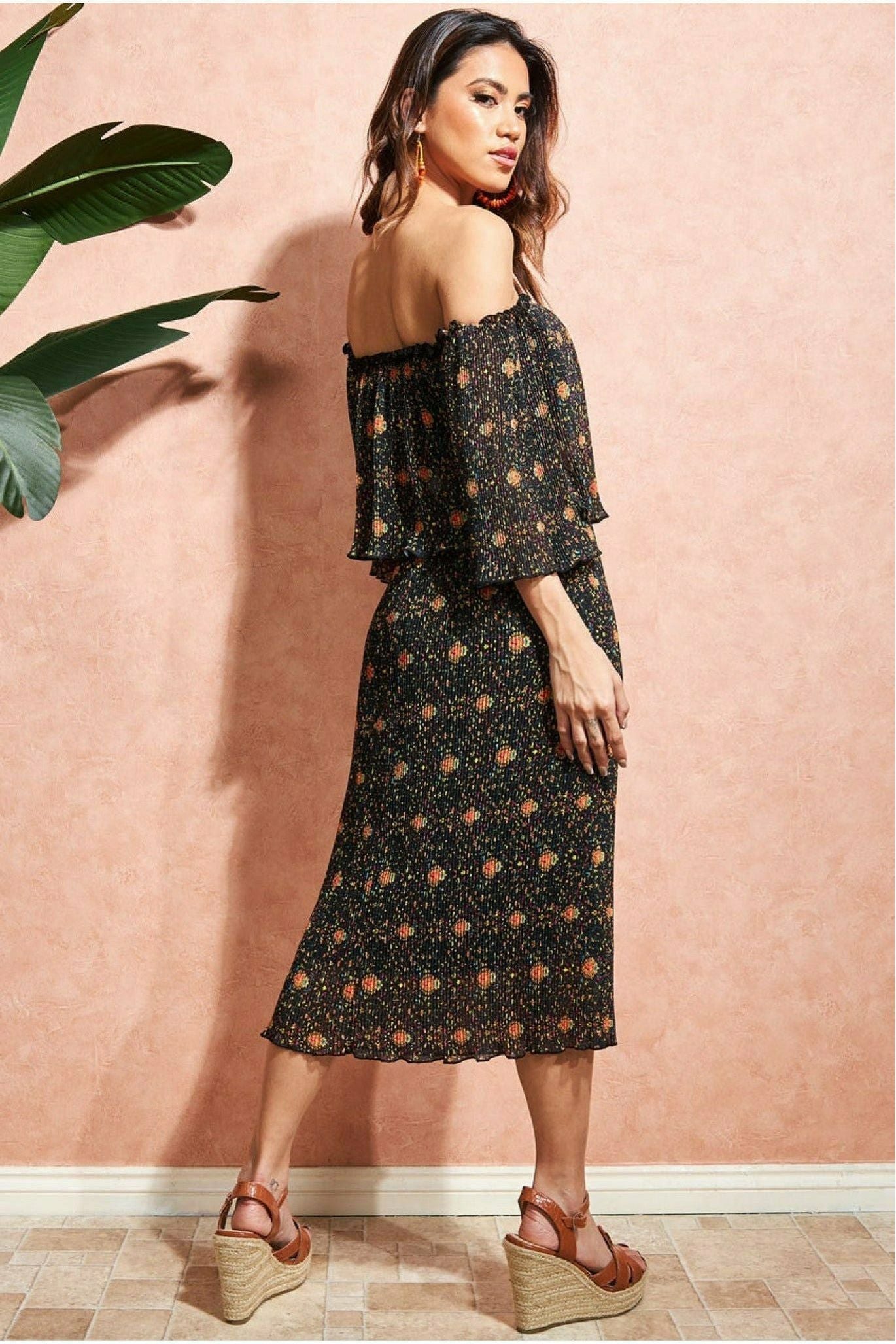 Printed Shirred Midi Skirt - Black SK15