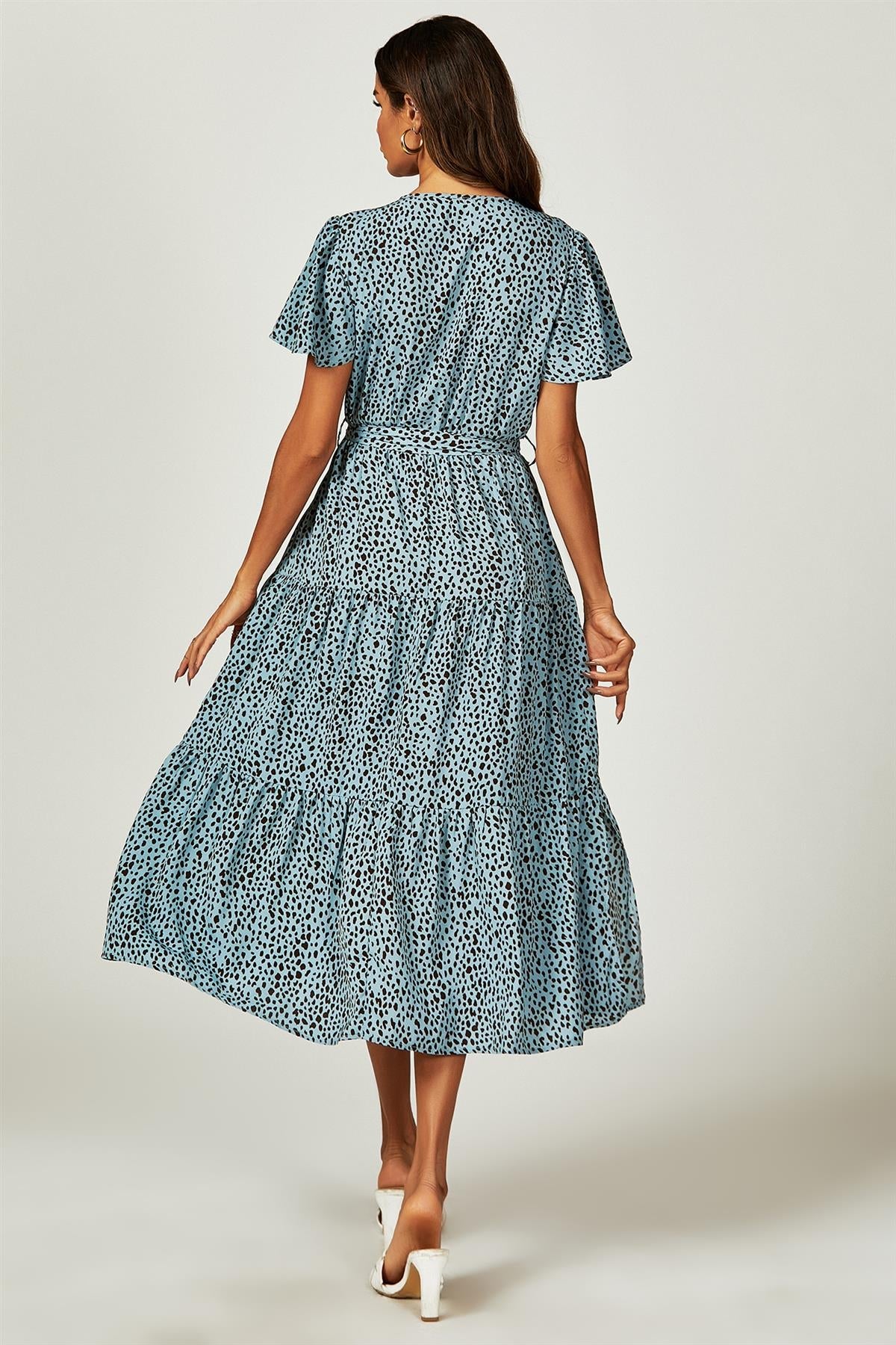 Leopard Print Hem Tiered Wrap Midi Dress In Blue FS231-BlueL