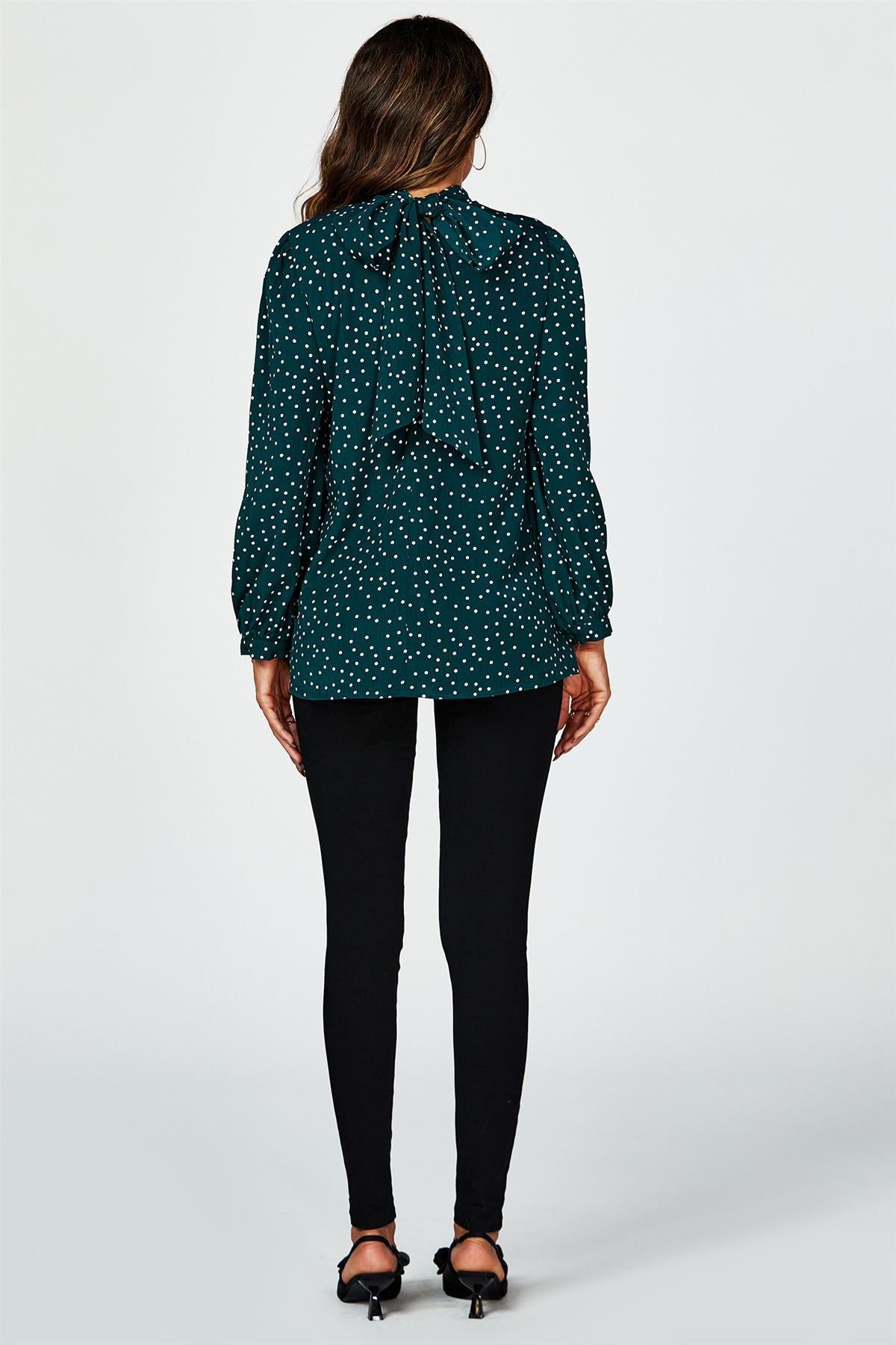 Polka Dot Print Long Sleeve Back Tie Blouse Top In Green FS637-GreenkDot